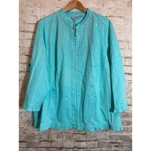 Quacker Factory Jacket 3X Turquoise Jewel Studded Full Front Zip Lightweight